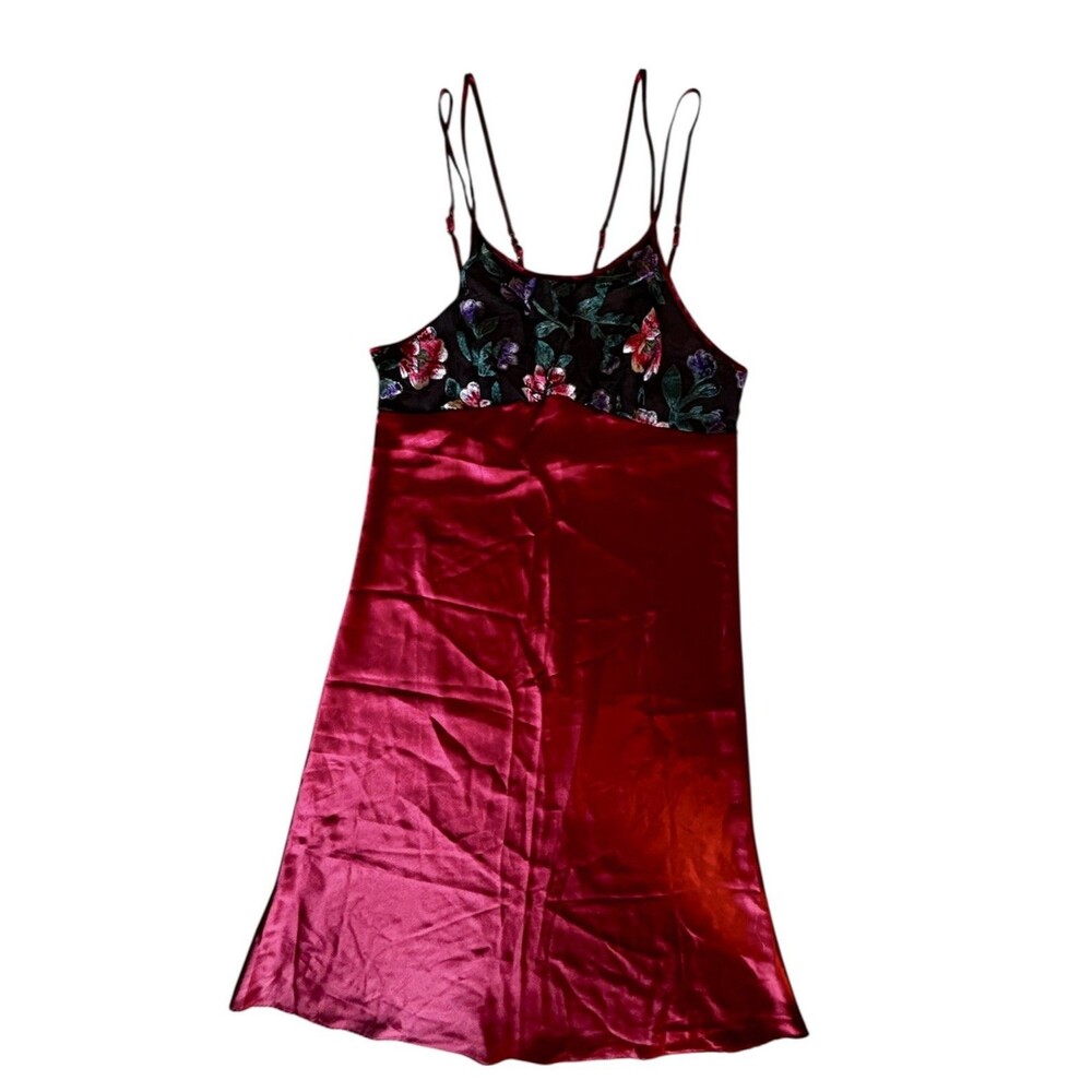 Vtg Burn Out Velvet Crimson Satin Long Slip Gown, Whimsigoth Fairycore Lingerie